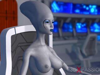 Sci-fi femeie extraterestru joacă cu negru adolescent în spațiu.