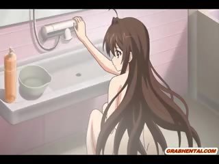 Skallet buddy anime stående knullet en barmfager coed i den bad